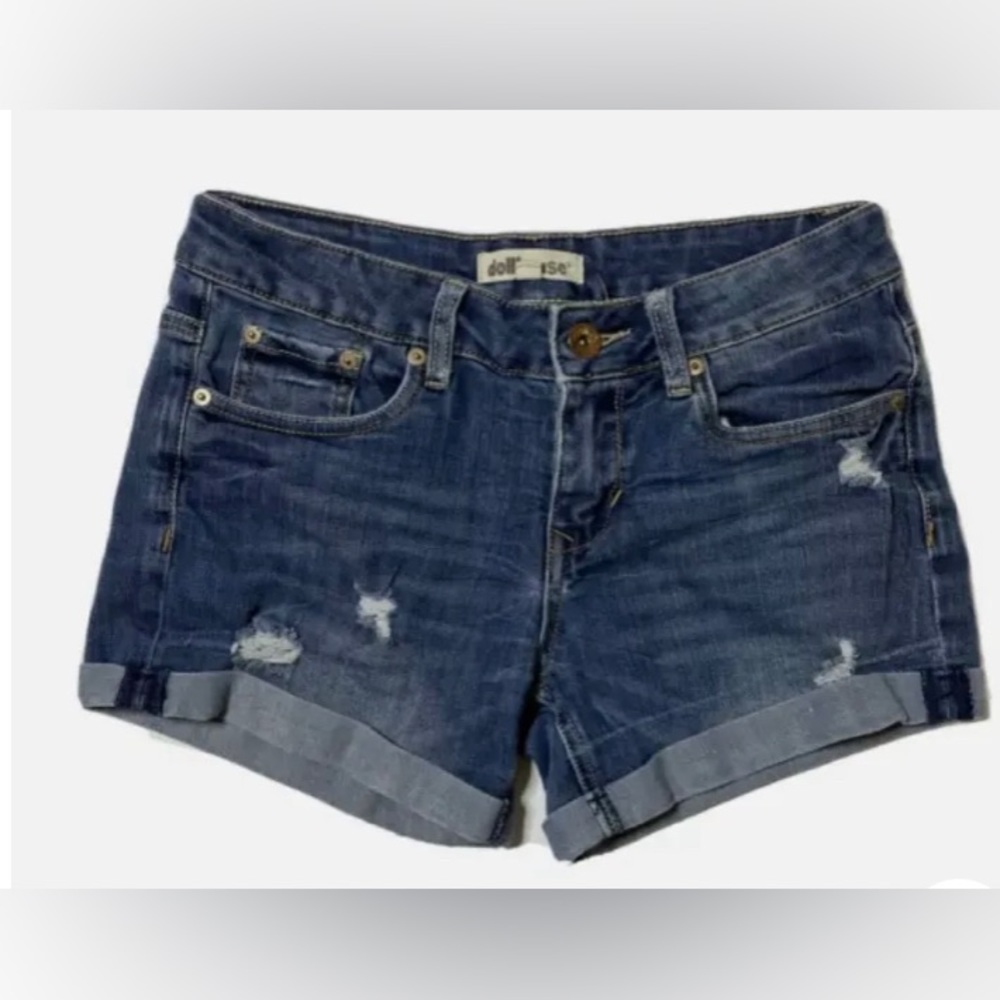 Dollhouse Stretch Junior Denim Shorts Waist 25 L Fraying Rolled Seam Blue
